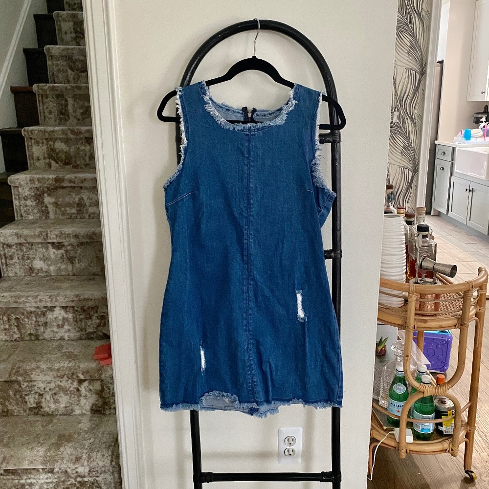 Raw Hem Denim Shift Mini Dress